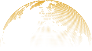 Stylized orange globe highlighting parts of Europe, Africa, and the Middle East.