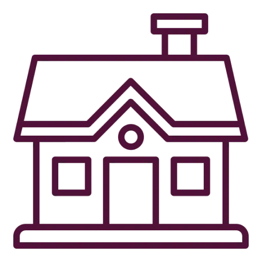 Ikona jednoduchého domu s komínom, dvoma oknami a dverami.