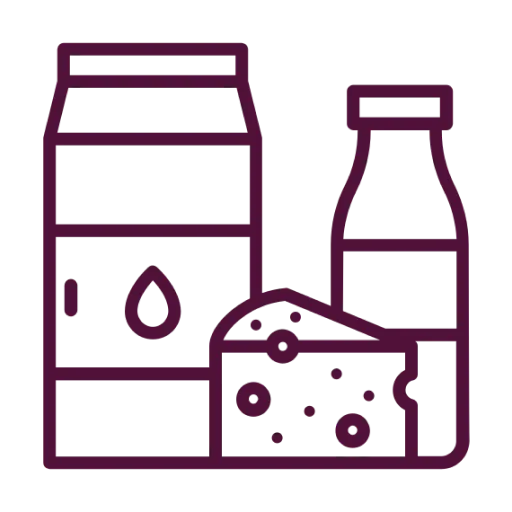 Ikona mliečnych výrobkov s kartónom mlieka, fľašou a kúskom syra.