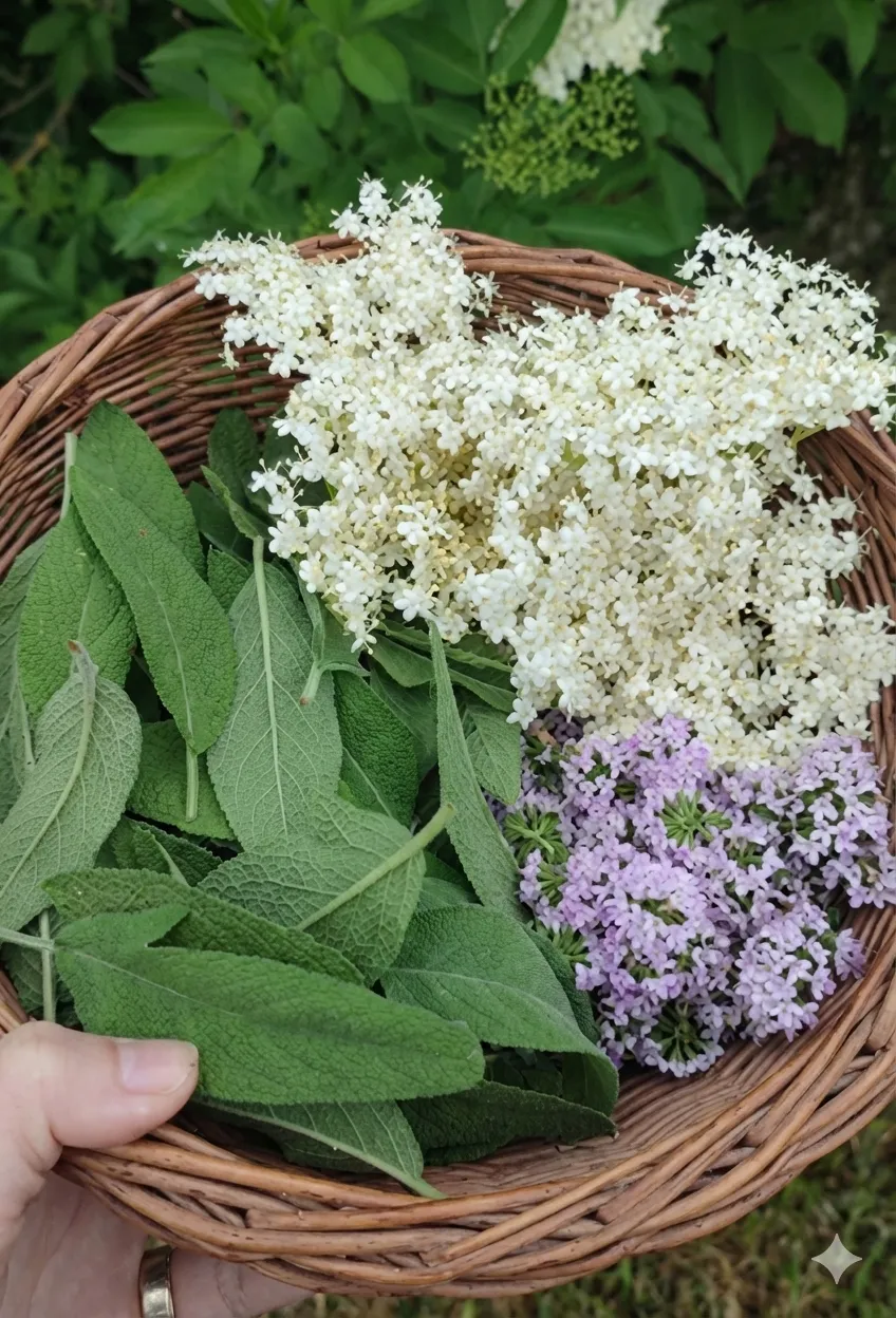 Ručne držaný košík s čerstvými zelenými listami, bielymi kvitnúcimi kvetmi a svetlofialovými kvetmi v záhrade.