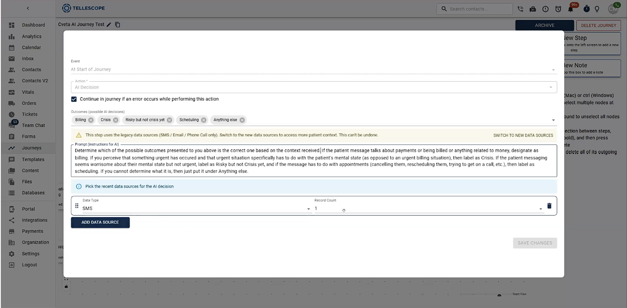 Screenshot of AI Decisioning prompt text window in Tellescope customer dashboard