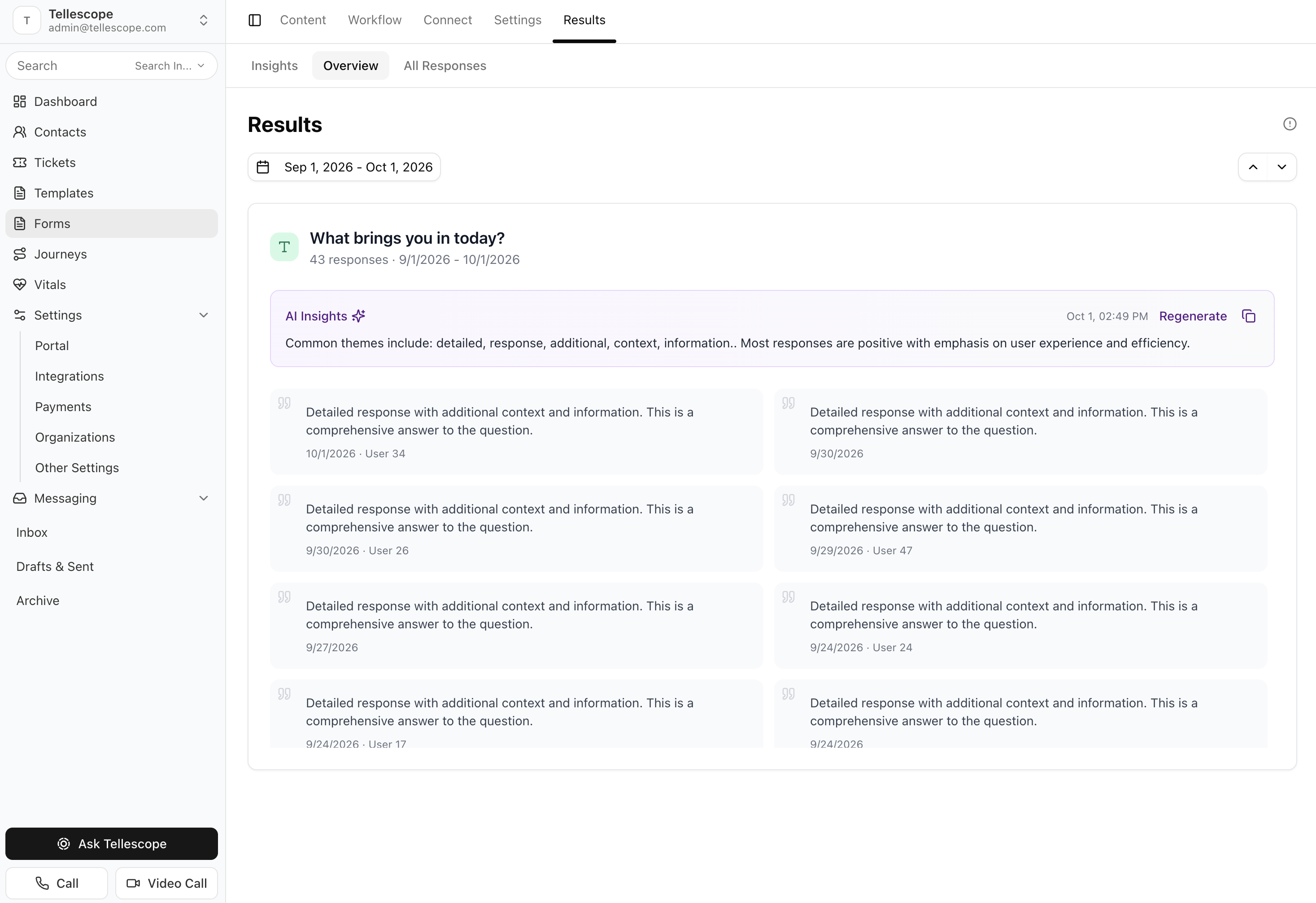 Screenshot of AI Form Response Summary example in the Tellescope platform
