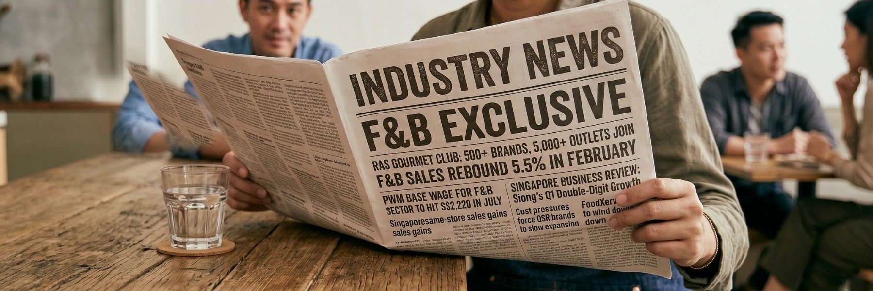 Two F&B operators reading an industry news paper at a cafe