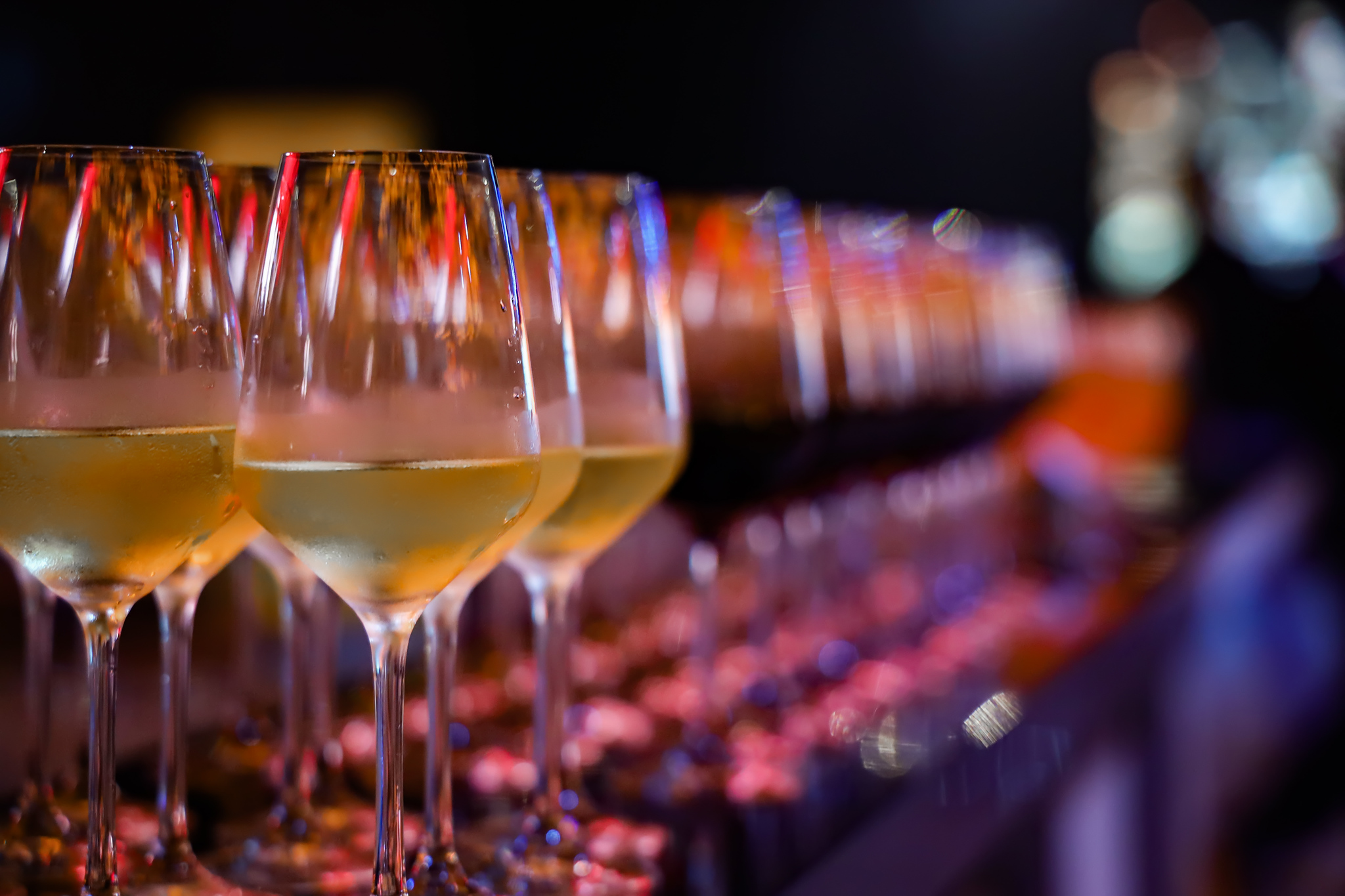 Wine glasses lined up for the evening