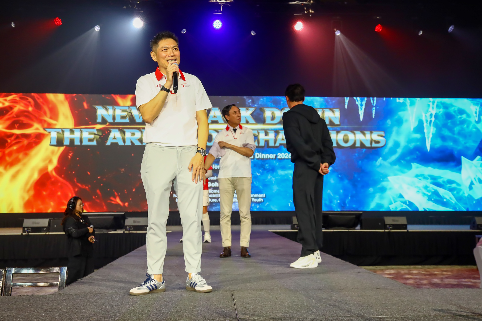 The host keeps the energy up on stage
