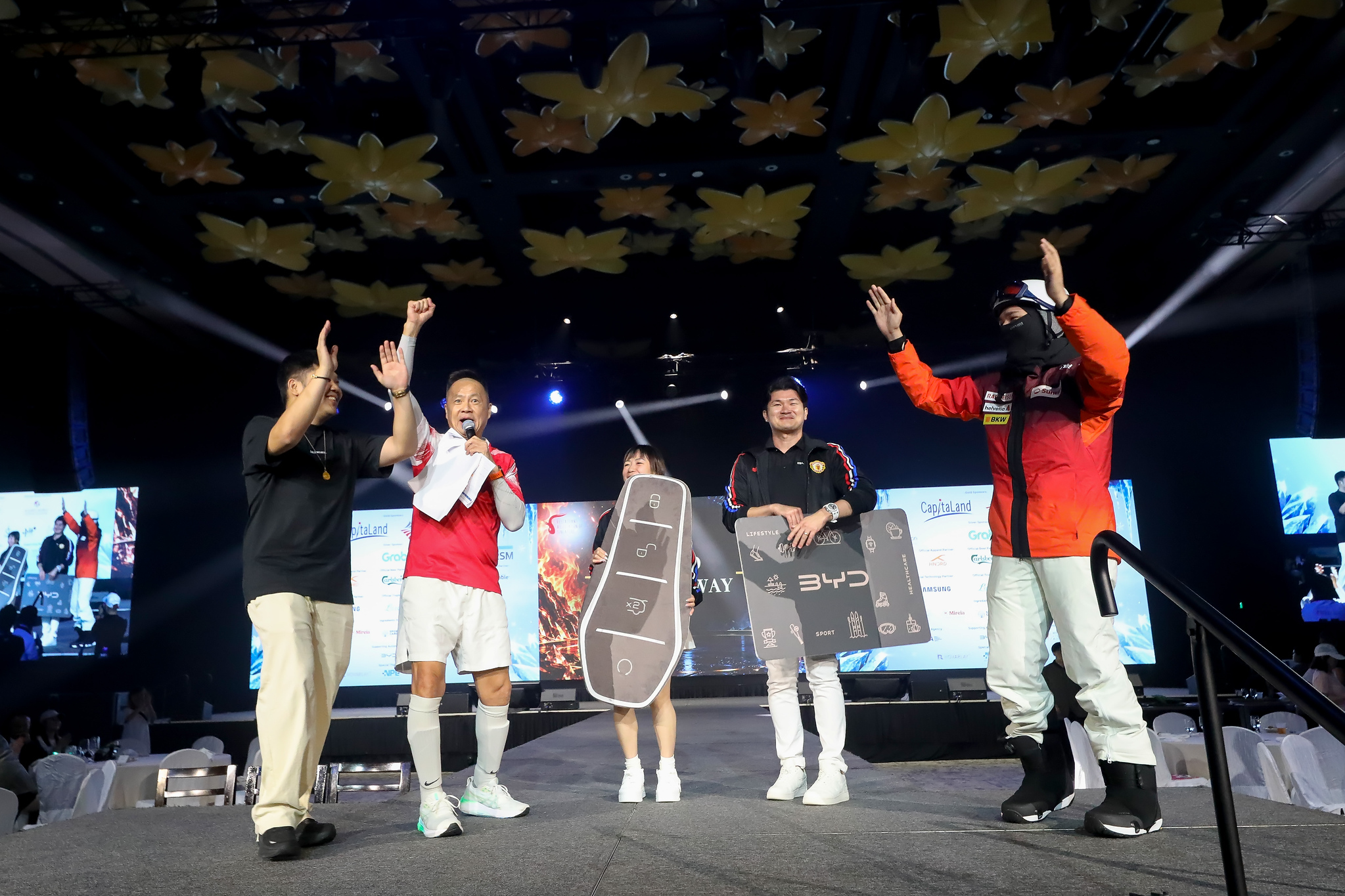 Celebrating on stage during the games