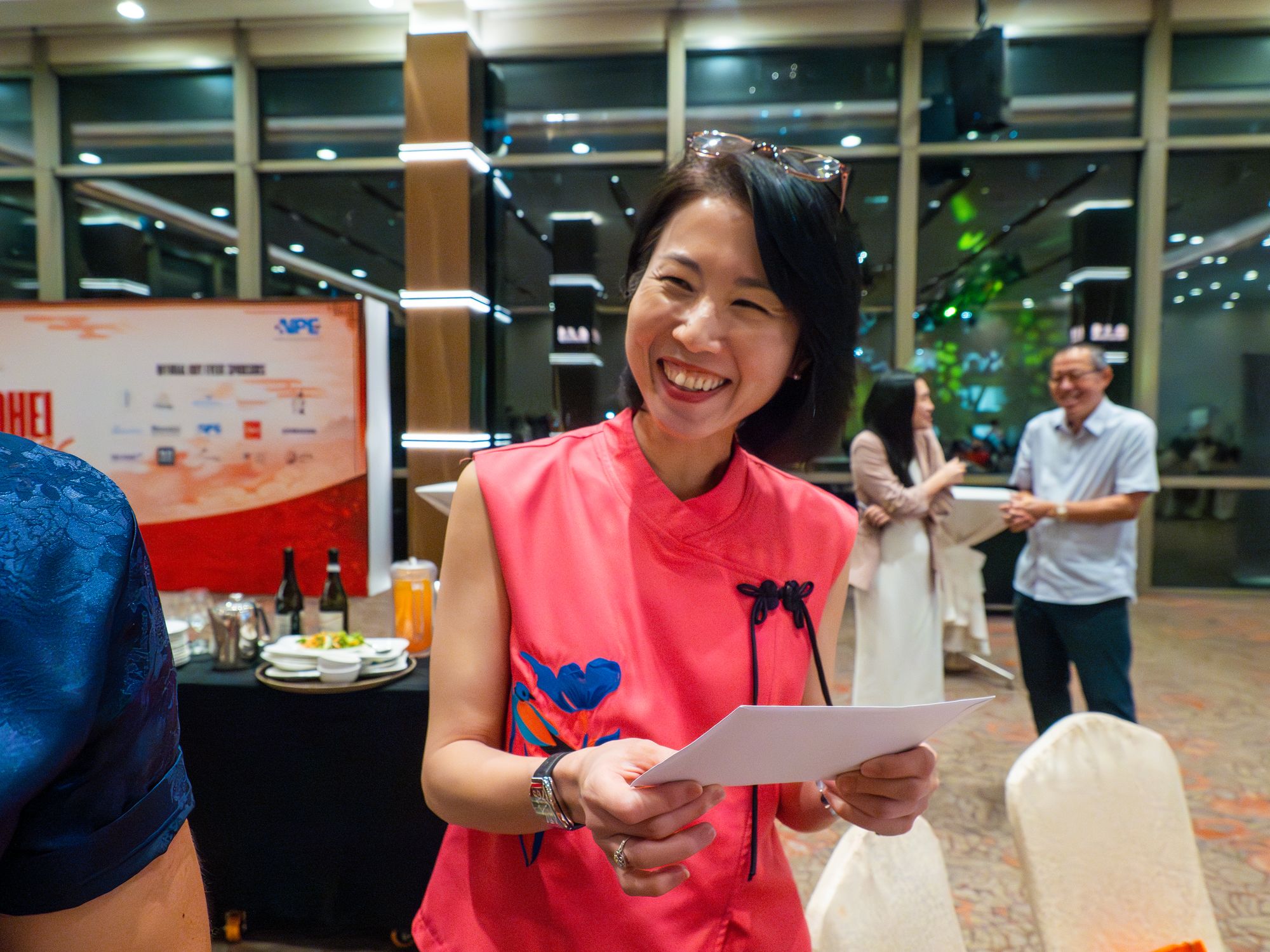 A guest laughs during the evening's games