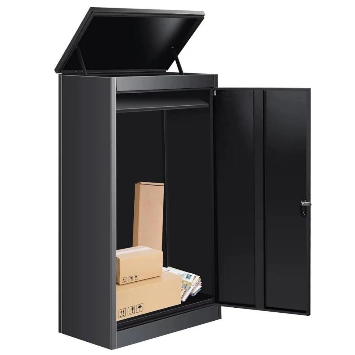 Floor-standing metal parcel box with freestanding structure for residential porch placement