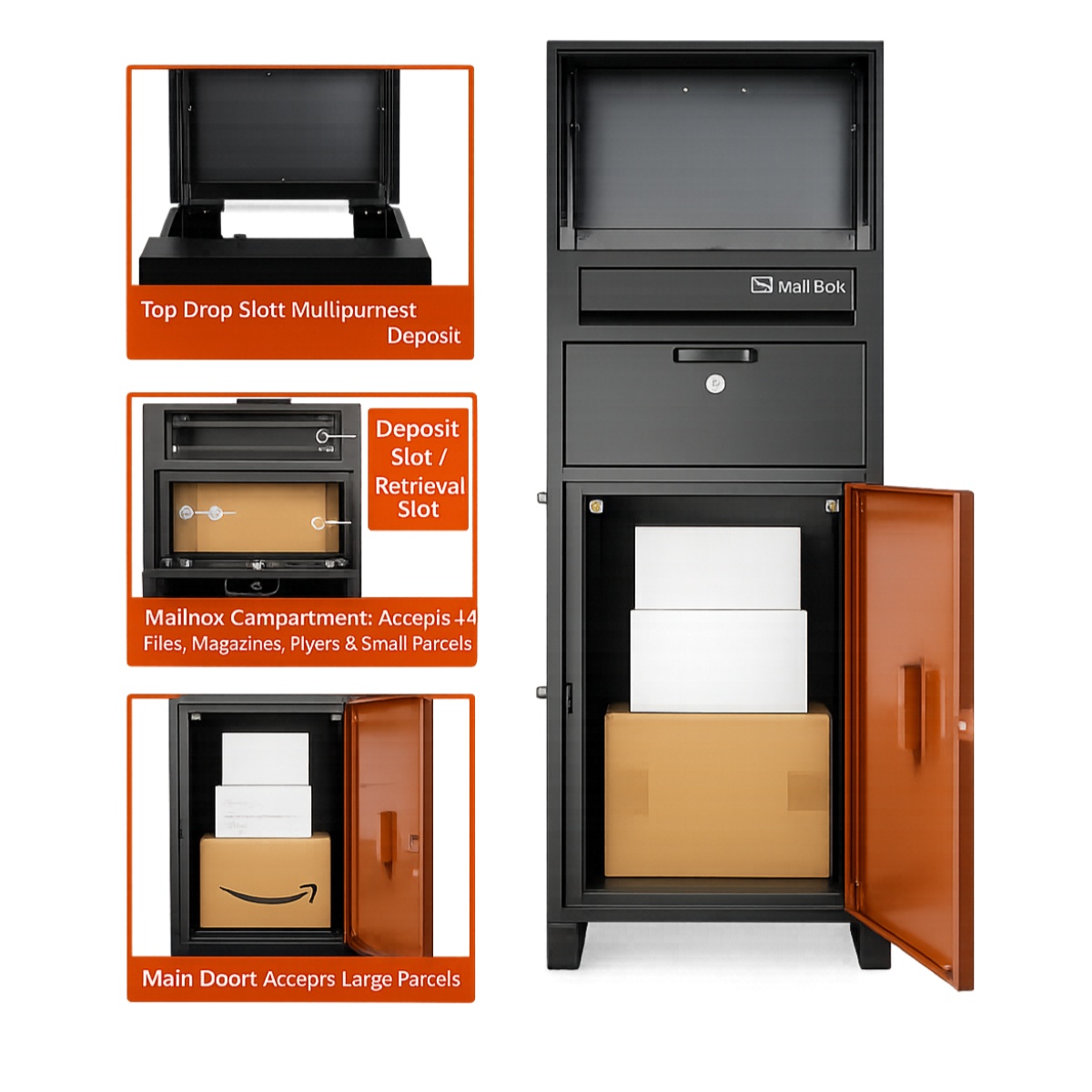 Multi-compartment metal parcel box designed for multi-recipient and multi-unit delivery environments