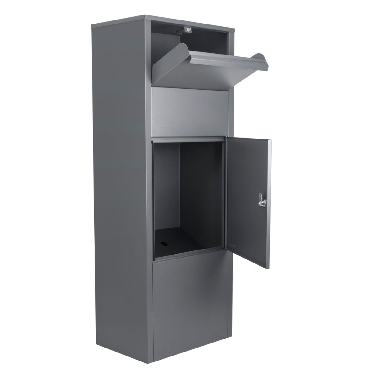 Slim-depth metal parcel box suitable for narrow porches and compact residential entry spaces