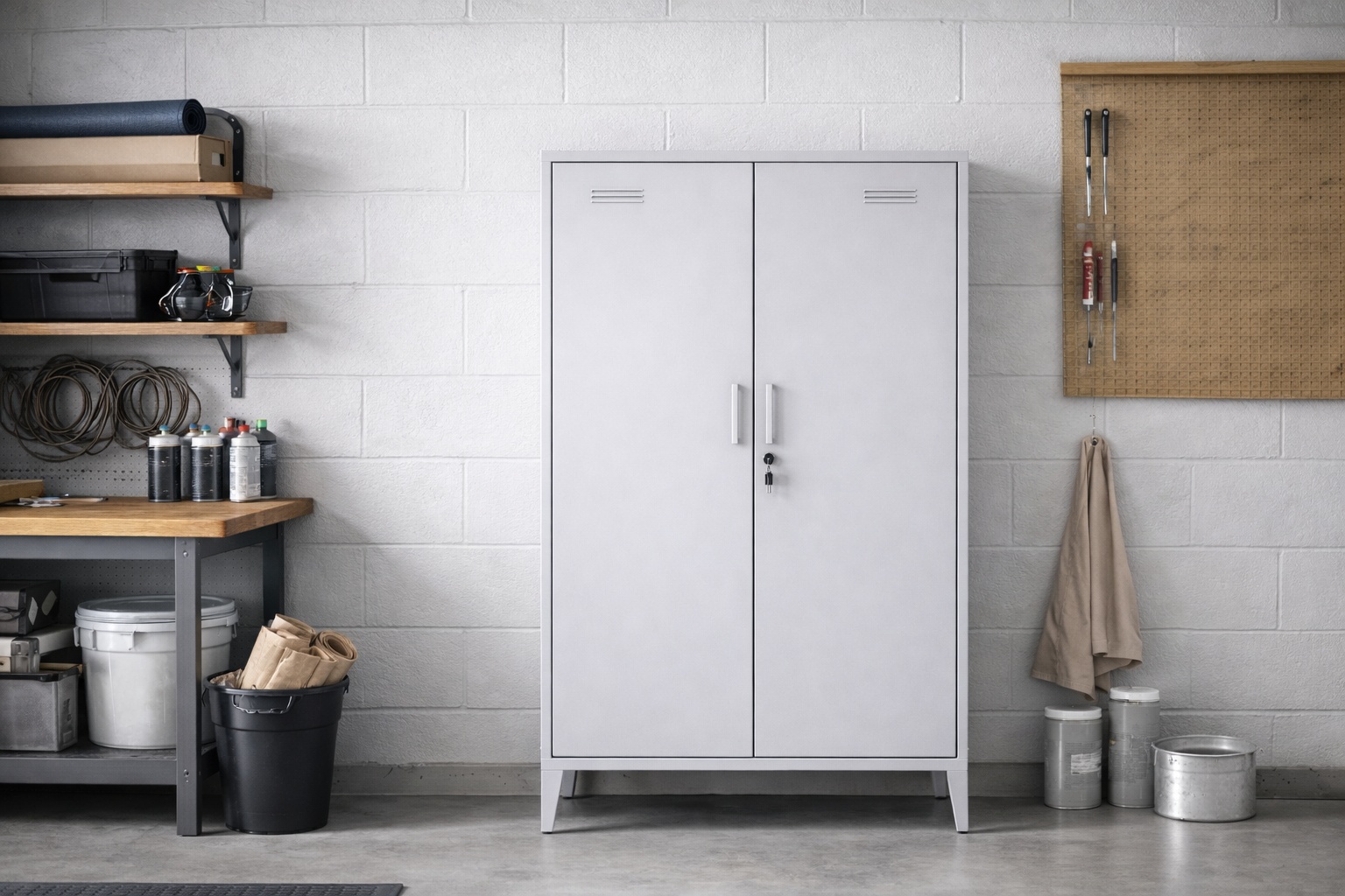 Garage and utility area application using durable metal storage cabinets