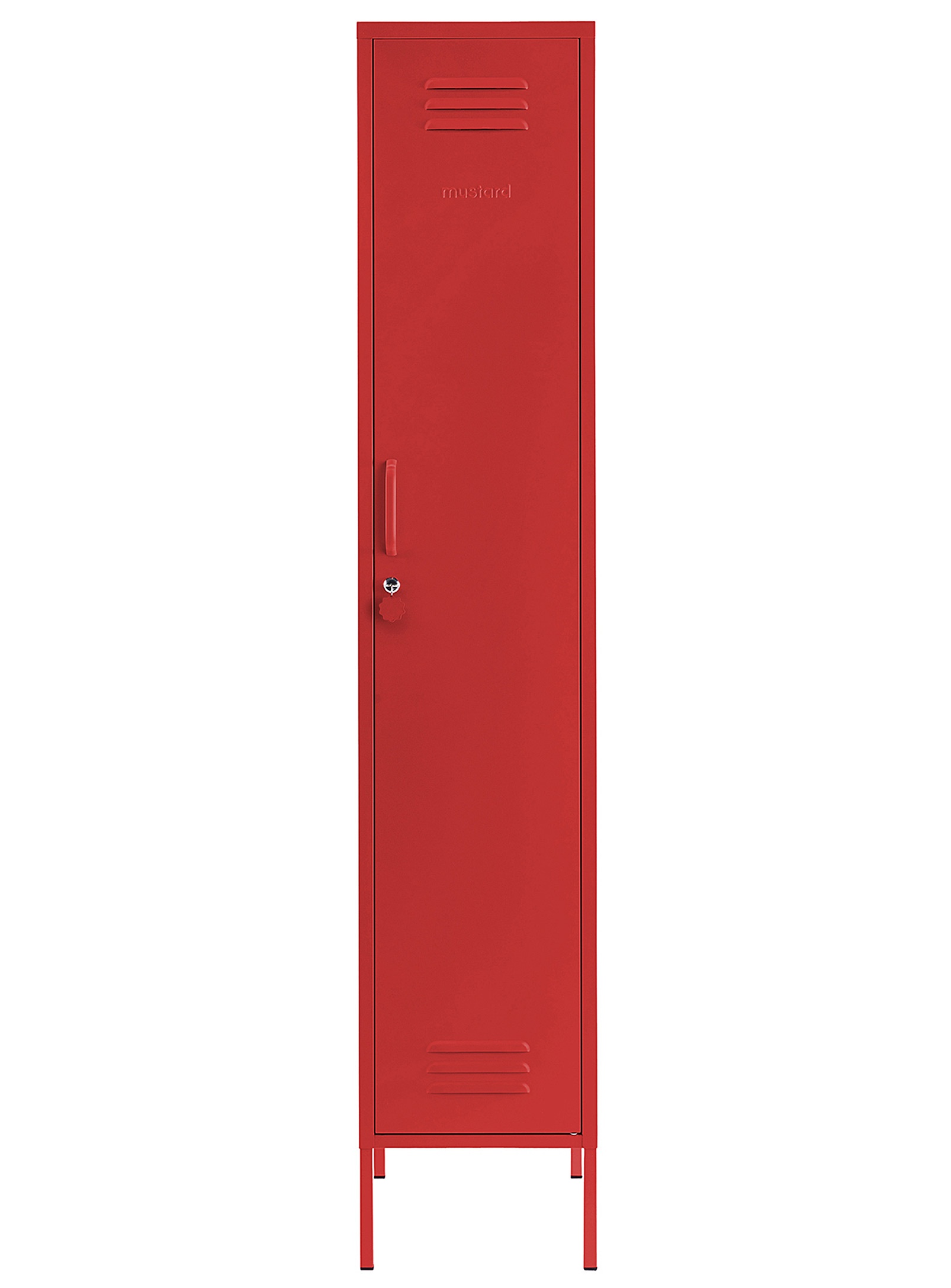 Slim-profile legged metal storage cabinet optimized for compact interiors and narrow wall spaces