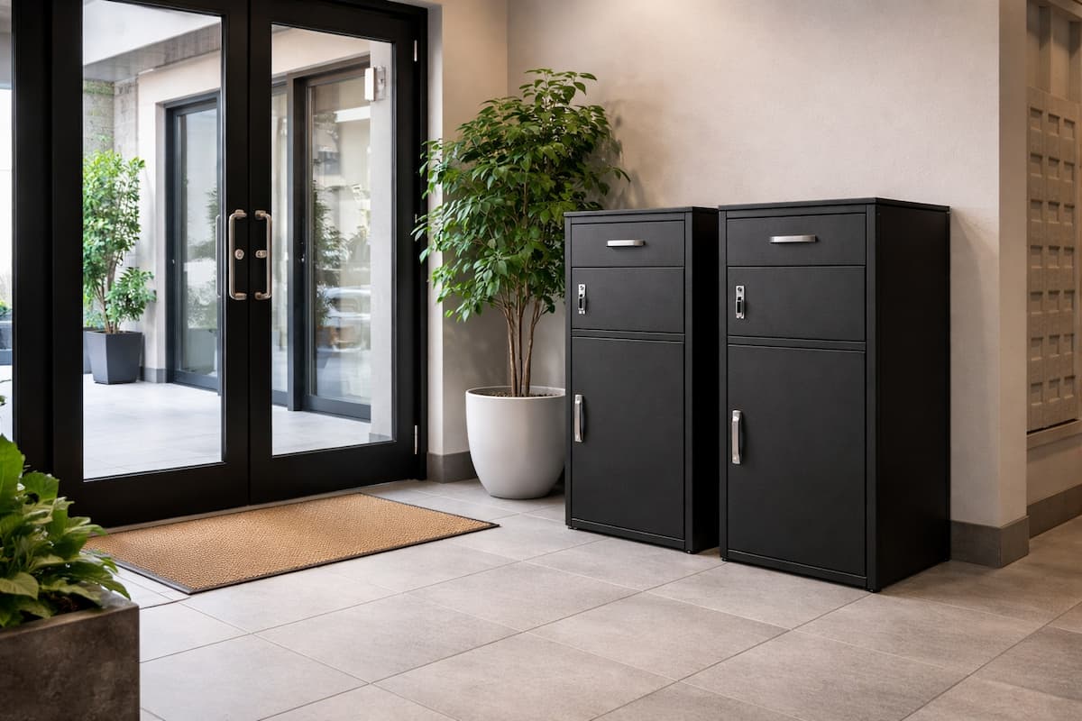 Parcel delivery solution installed at apartment building entrances with shared access