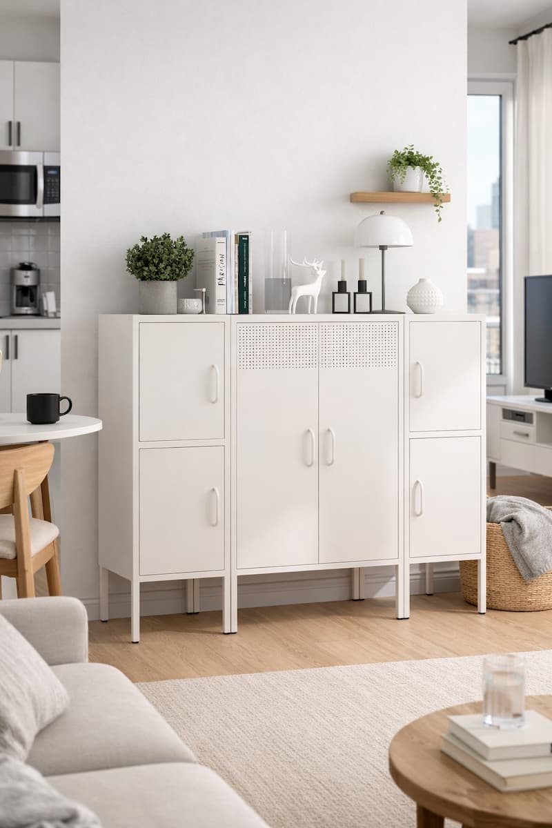 Legged metal storage cabinet used in urban apartments requiring compact storage and a lighter visual footprint