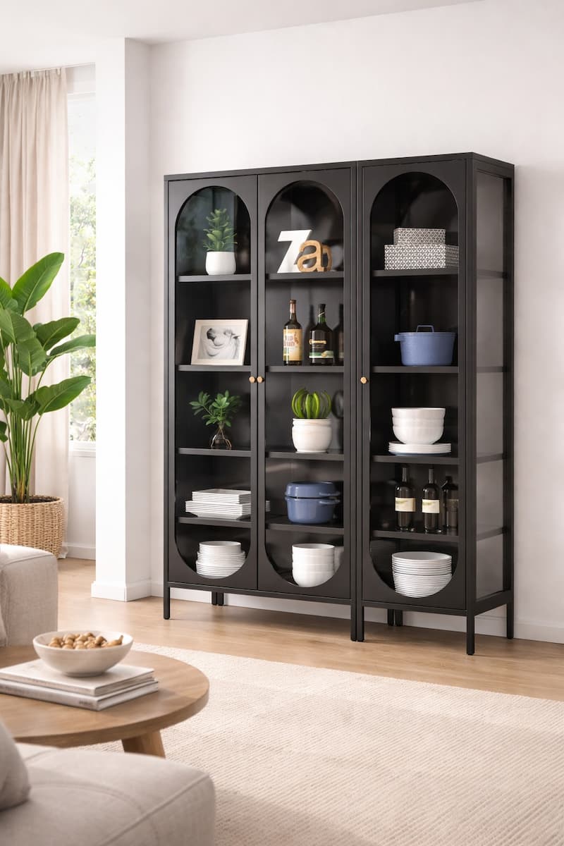 Legged metal storage cabinet placed in modern residential interiors emphasizing balanced proportions and clean design