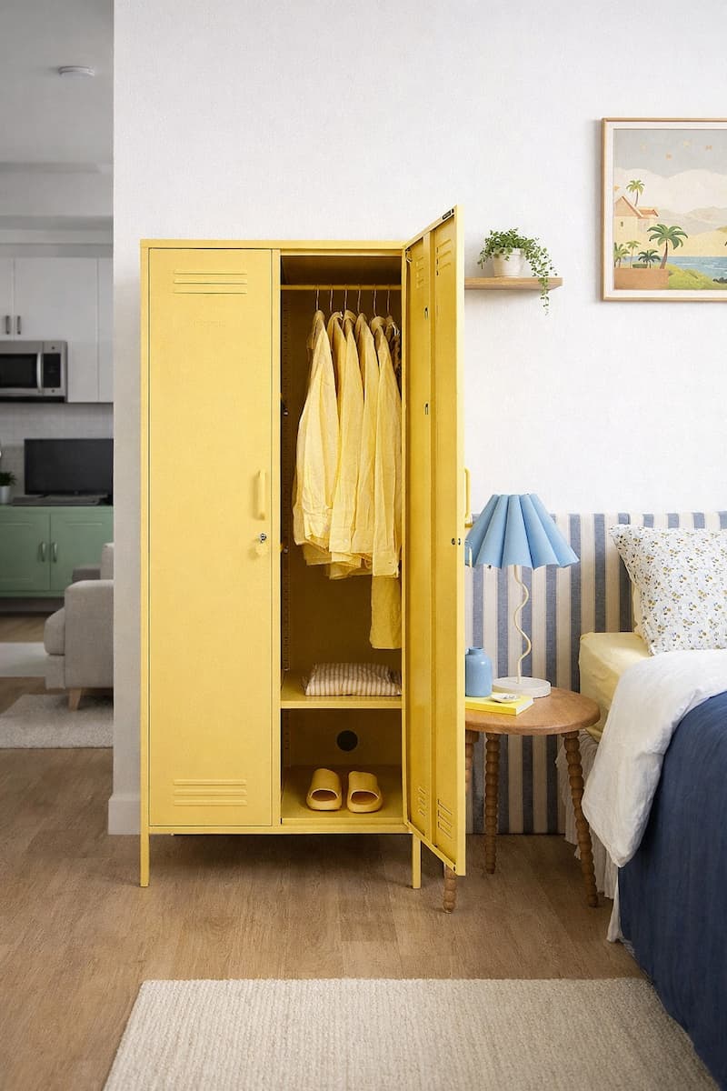 Legged metal storage cabinet applied in rental and staged housing projects with standardized interior layouts