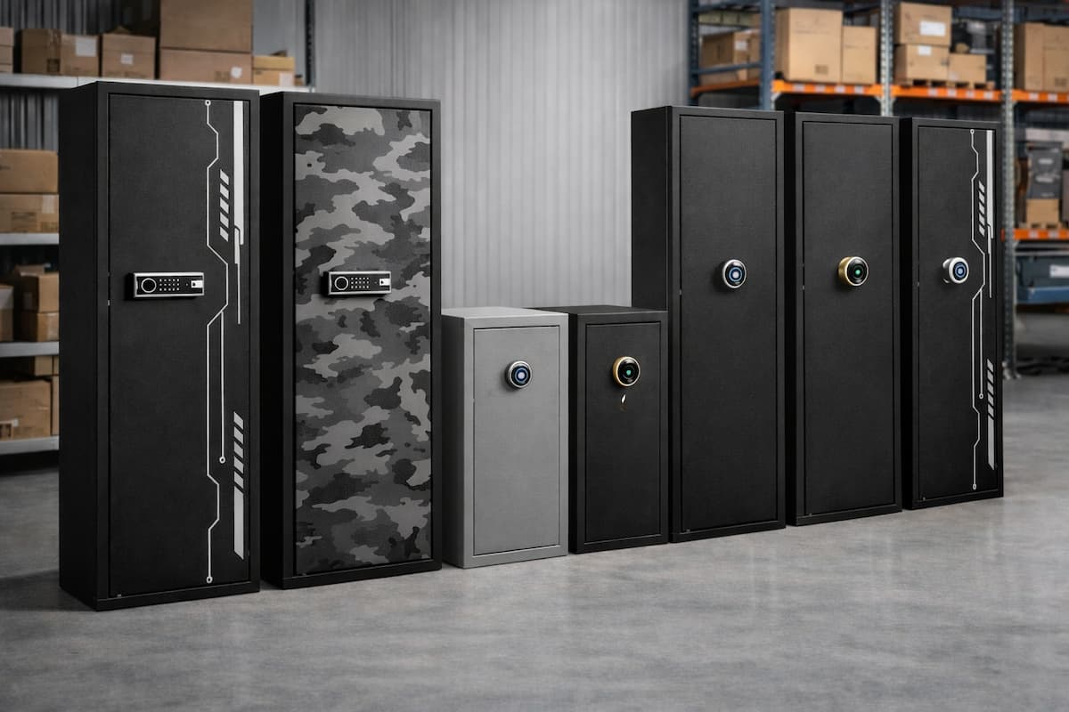 Knock-down gun safe applicable to retail and distribution channels requiring compliant storage products