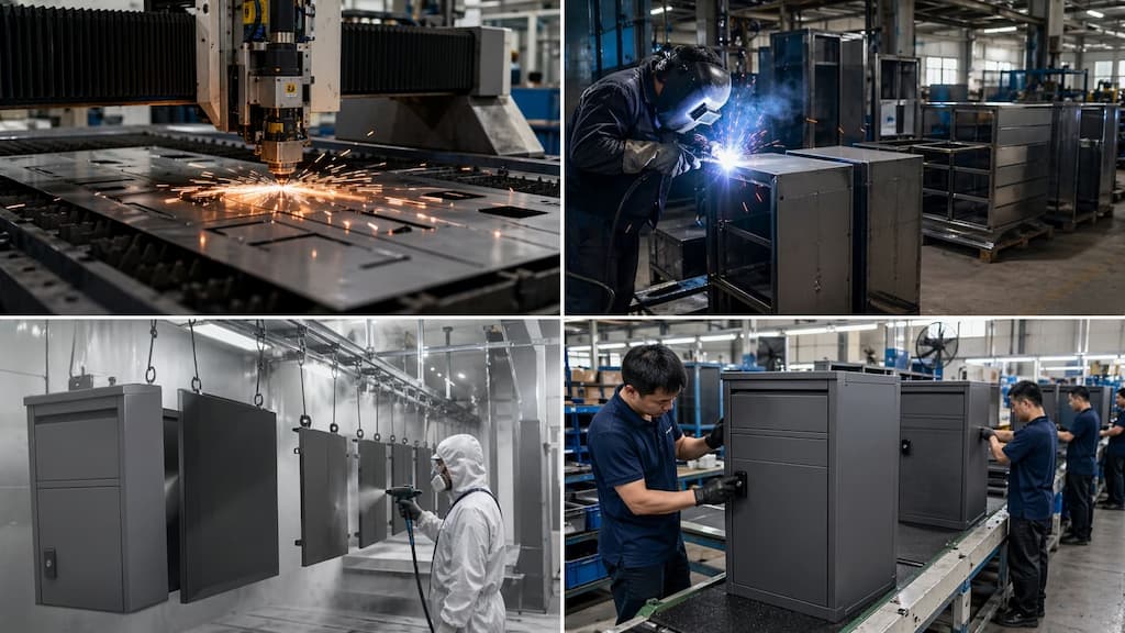 Parcel delivery box factory production including cutting welding and assembly