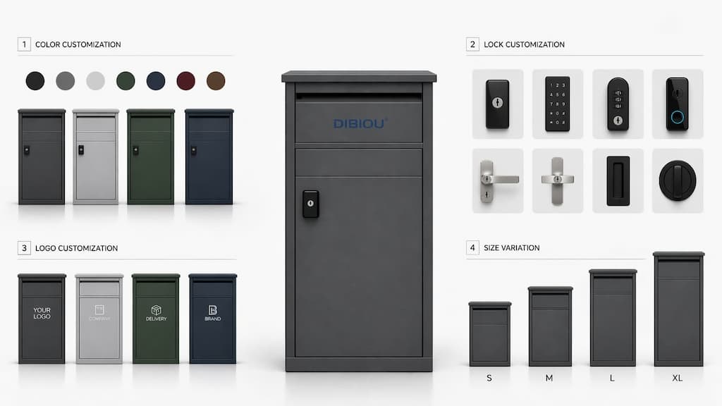 OEM parcel delivery box customization for size color logo and lock options