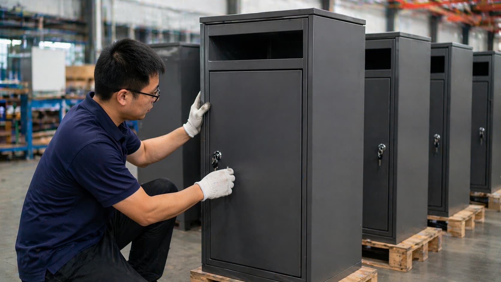 Assembly and function check for steel parcel delivery boxes before packing