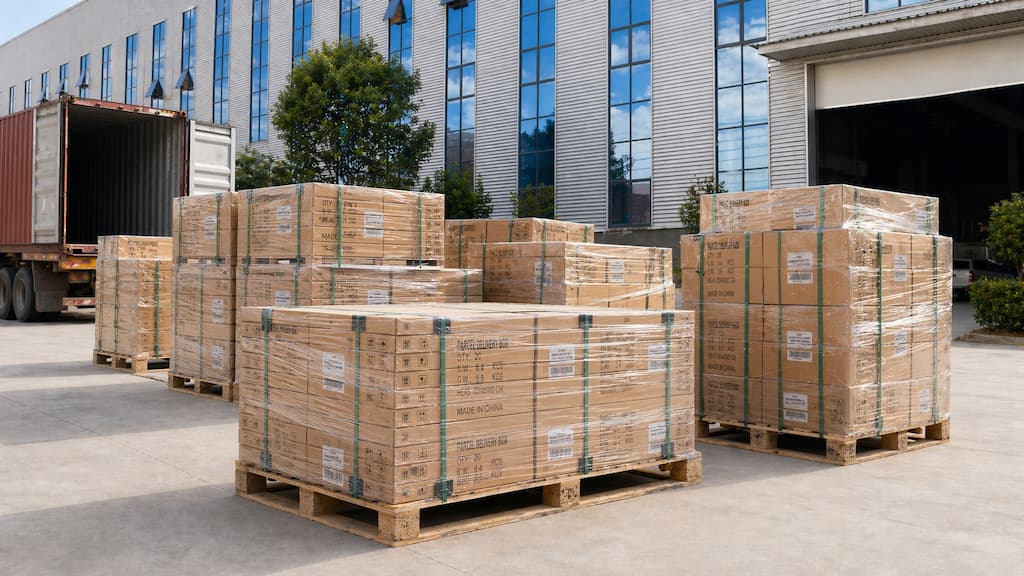 Flat-packed knock-down packaging for metal storage products on pallet