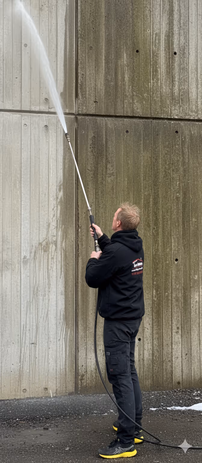 Mand bruger højtryksrenser til at rengøre en snavset betonvæg, hvor forskellen mellem rengjorte og snavsede områder er tydelig.