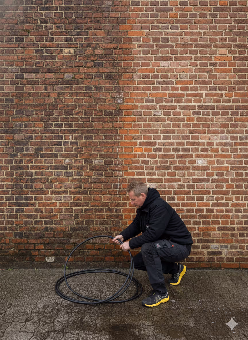 Mand iført sort jakke og sorte bukser, der knæler foran en rød murstensvæg og holder på sorte slanger eller kabler på jorden.