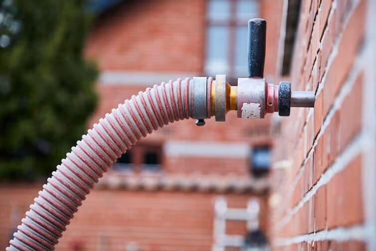 Rød fleksibel slange tilsluttet en rød murstensvæg med en plastikventil med sort håndtag. hulmurs indblæsning