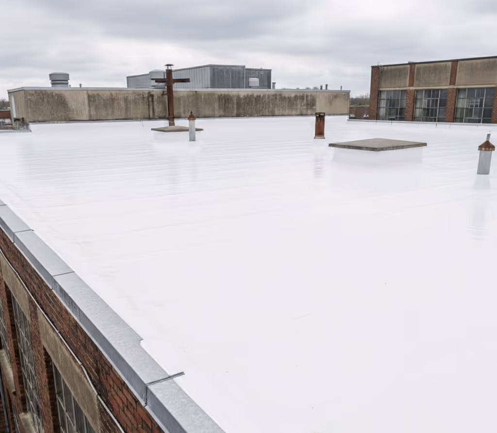 Fladt tag på industribygning med hvid tagmembran og ventilationsrør under en overskyet himmel.