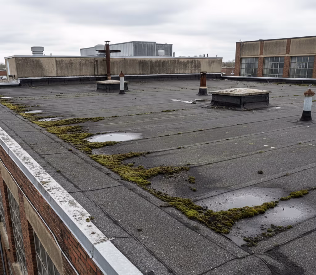 Fladt tag med mosvækst og små vandpytter på overfladen ved overskyet vejr.