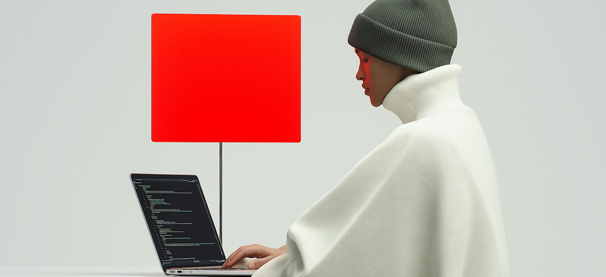 Person coding on a laptop near a red light