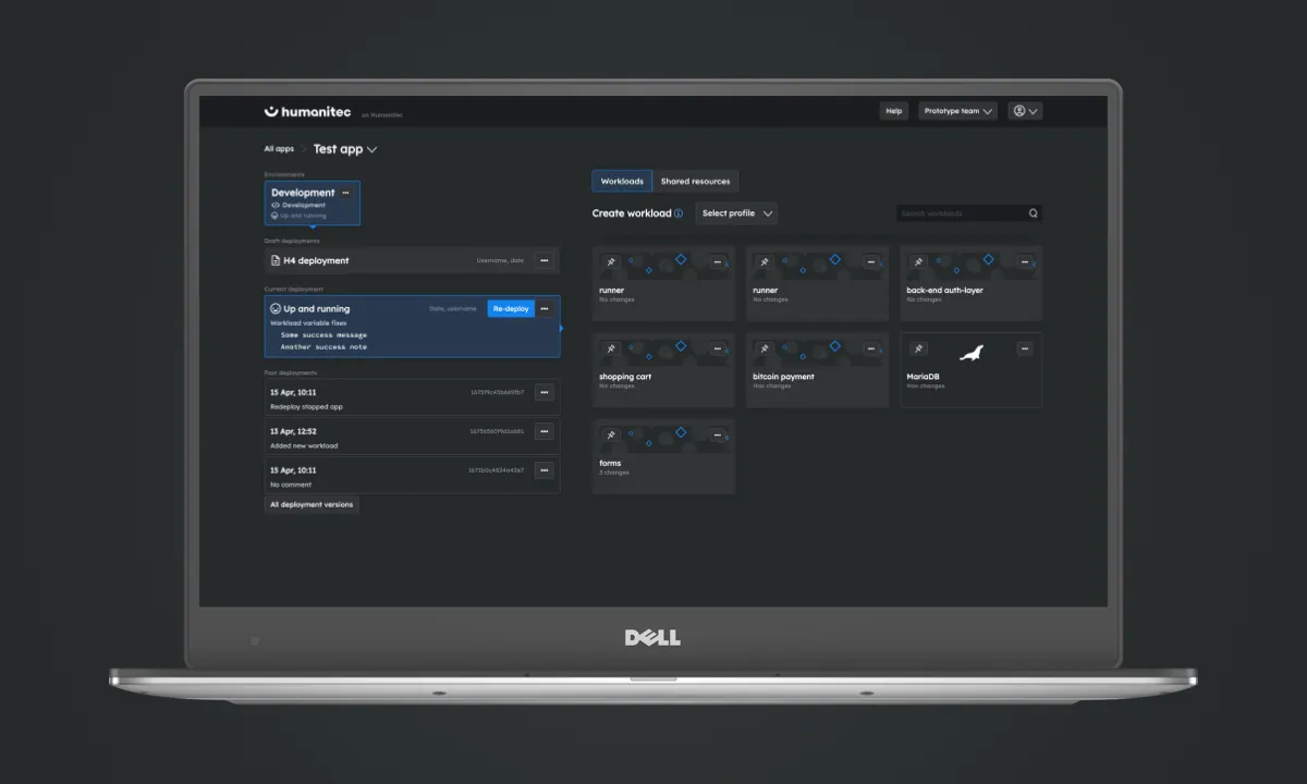 Laptop screen displaying Humanitec app interface with workloads, deployment status, and various modules.