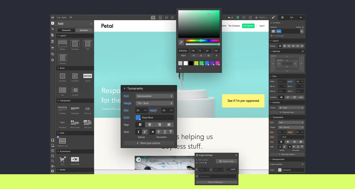 Webflow editor interface showing layout, typography, color picker, and image settings panels.