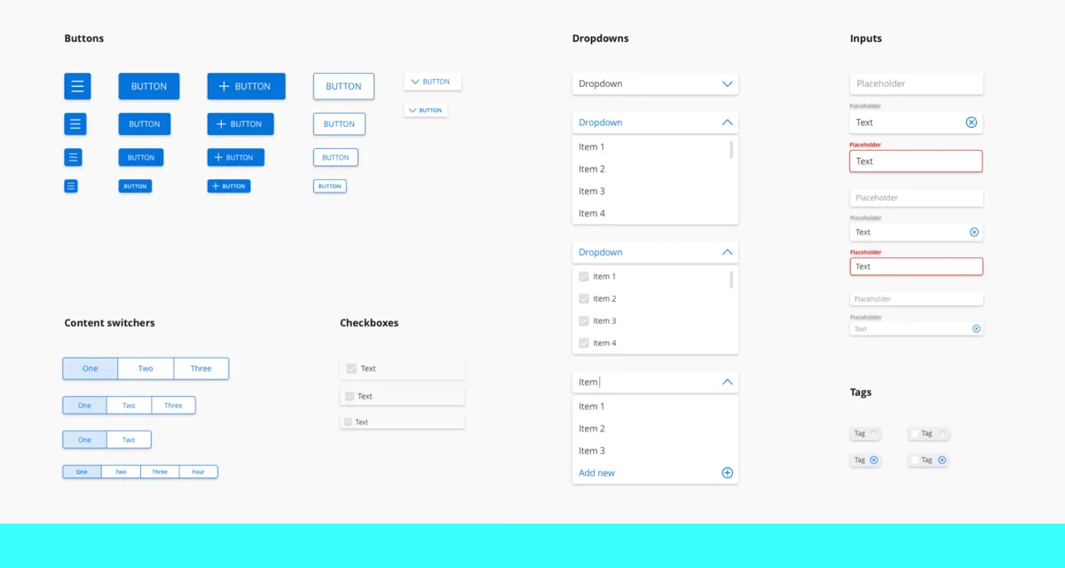 UI design system components showcasing various button styles, content switchers, checkboxes, dropdown menus with different states, input fields with placeholders and errors, and tag elements.