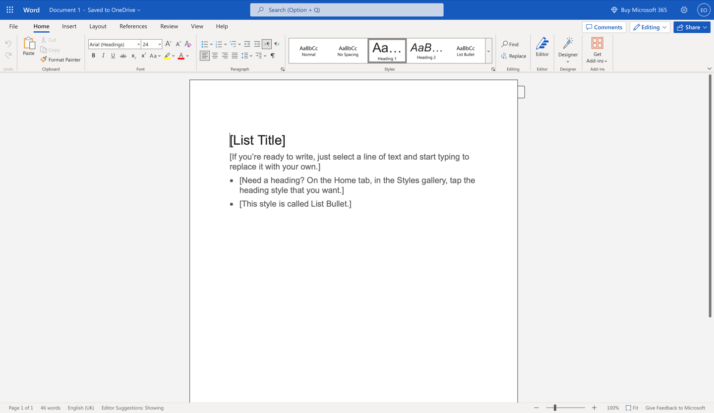Microsoft Word online interface 