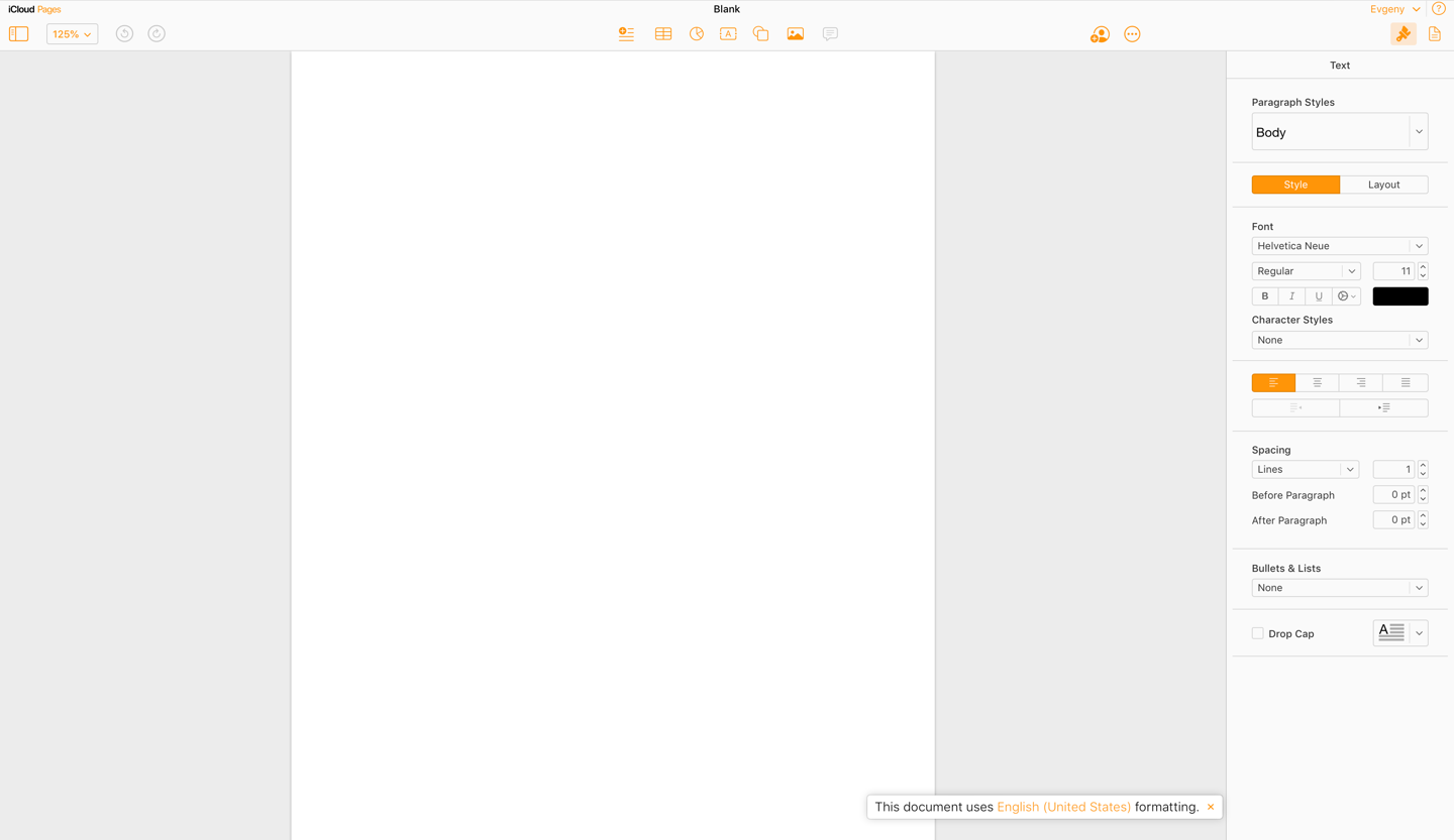 Apple Pages online interface