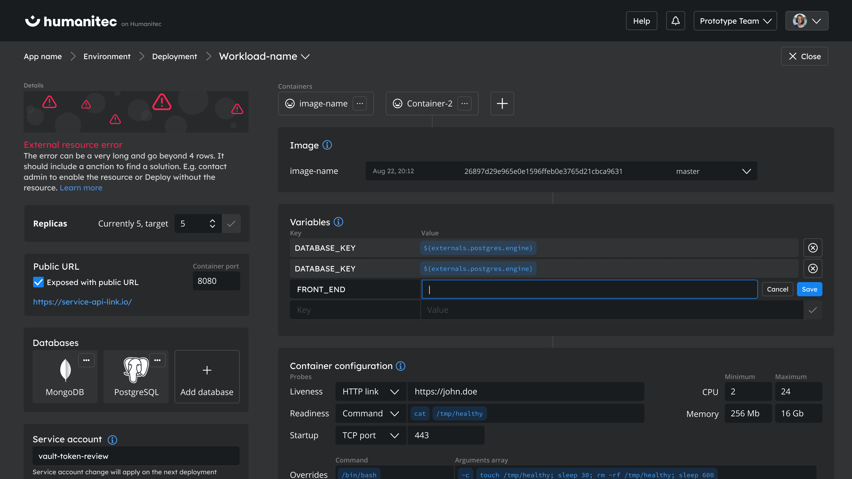 Variables definition section