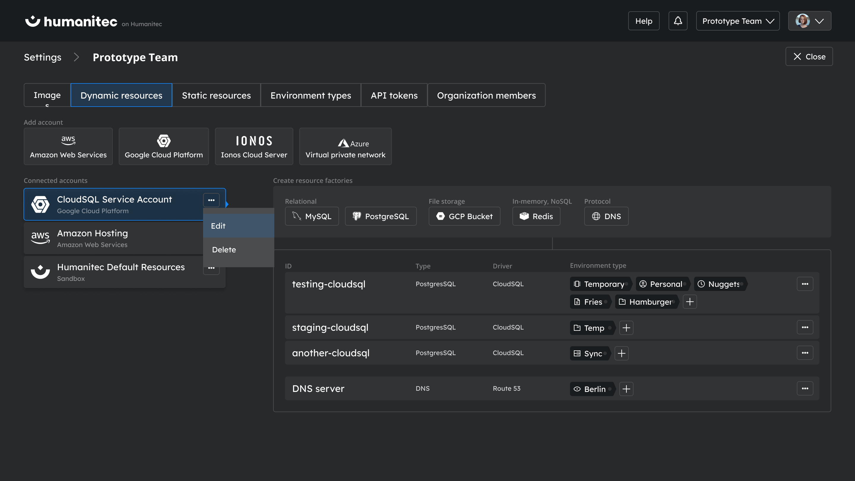 Organization settings screen