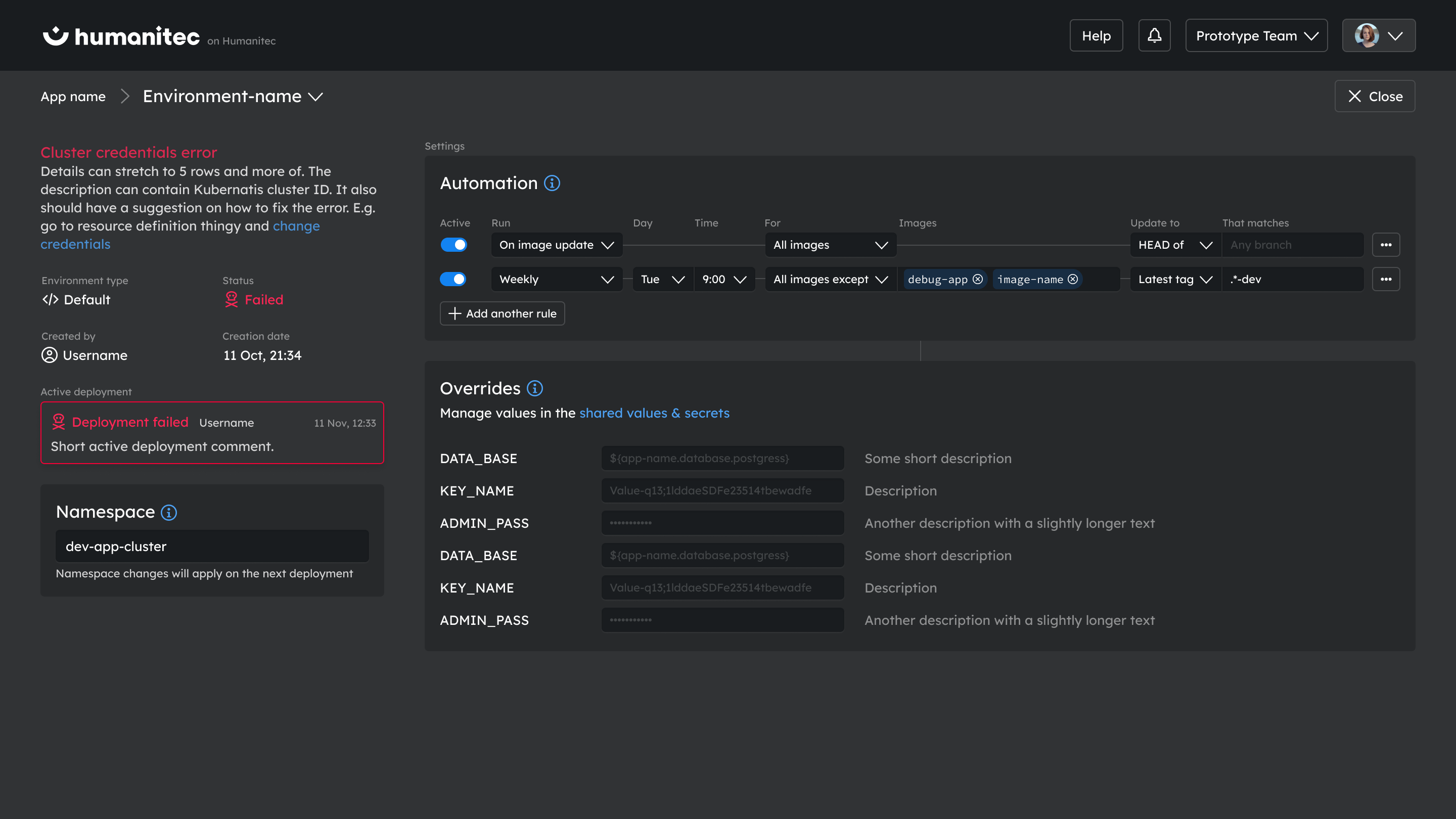 Environment settings screen
