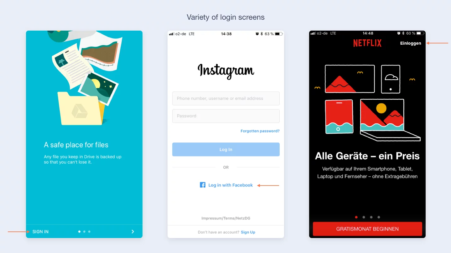 Various login screen designs showcasing a lack of standardization