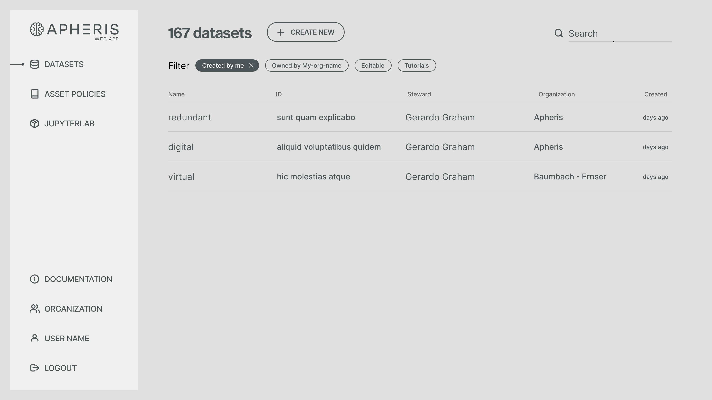 Apheris platform's datasets screen view