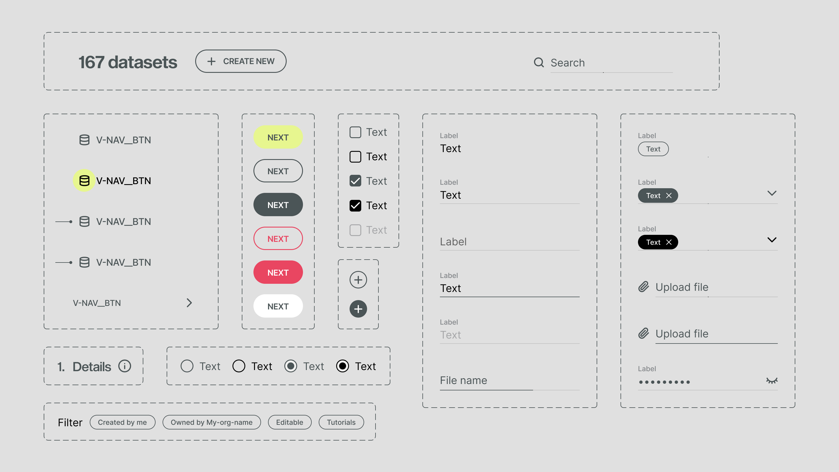 Compact design system showcasing diverse states of elements
