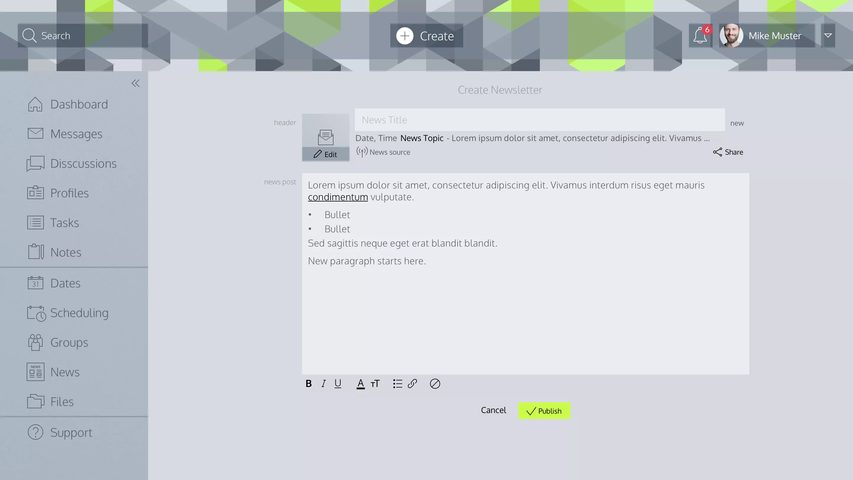 News letter creation in modern colors and shapes scheme
