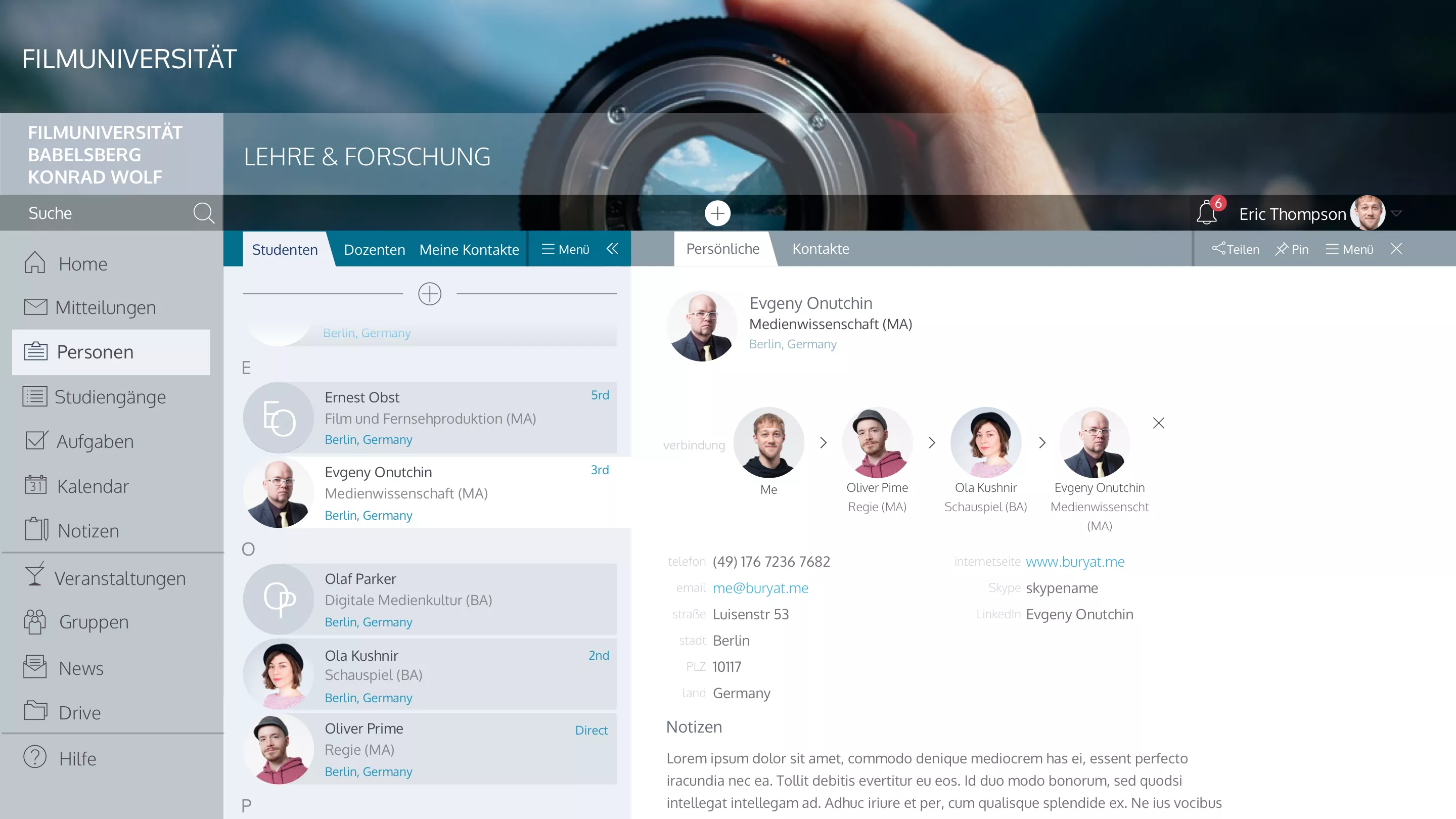 Profile screen within film school intranet interface example
