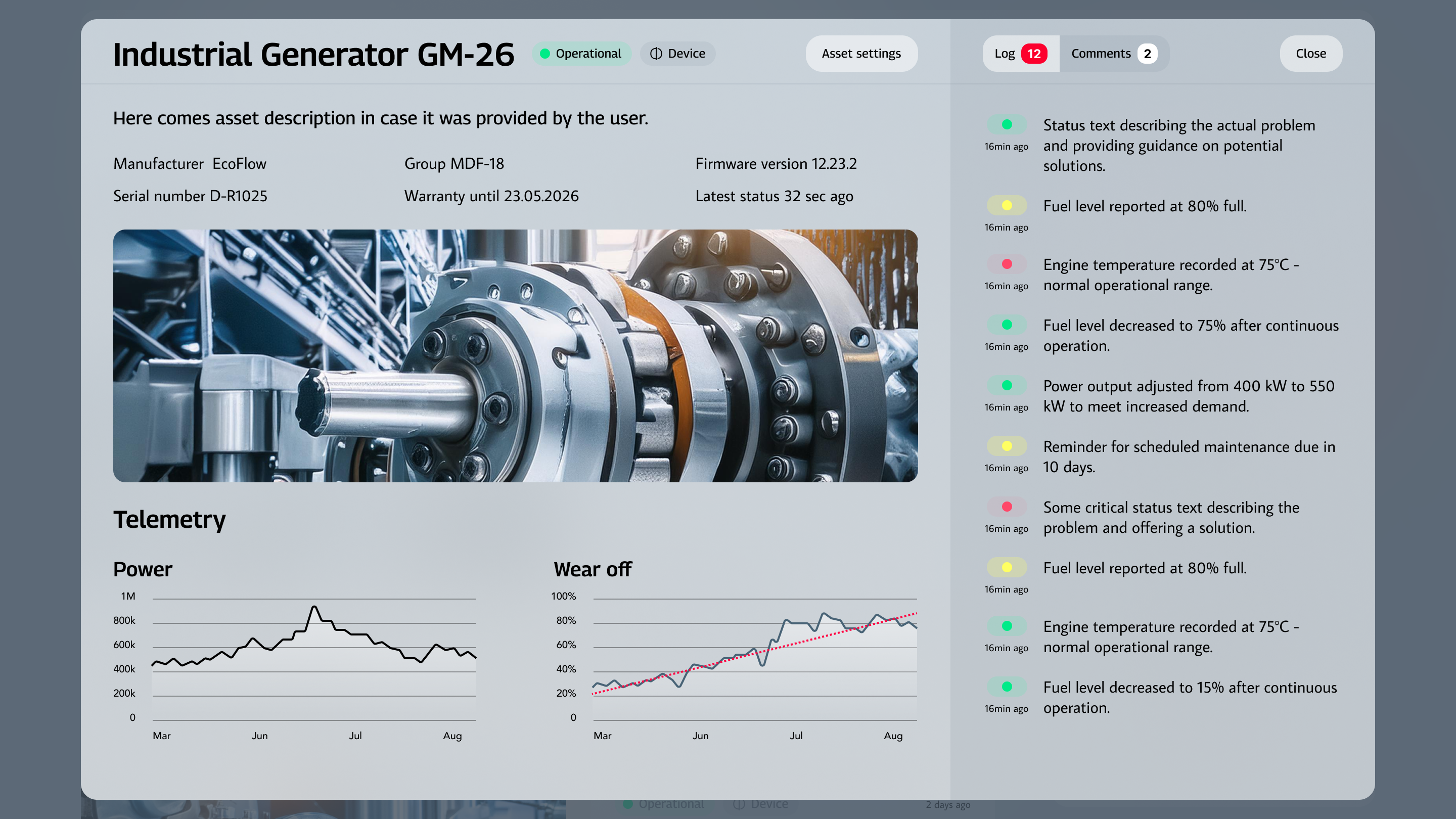 Device details overlay over dashboard view