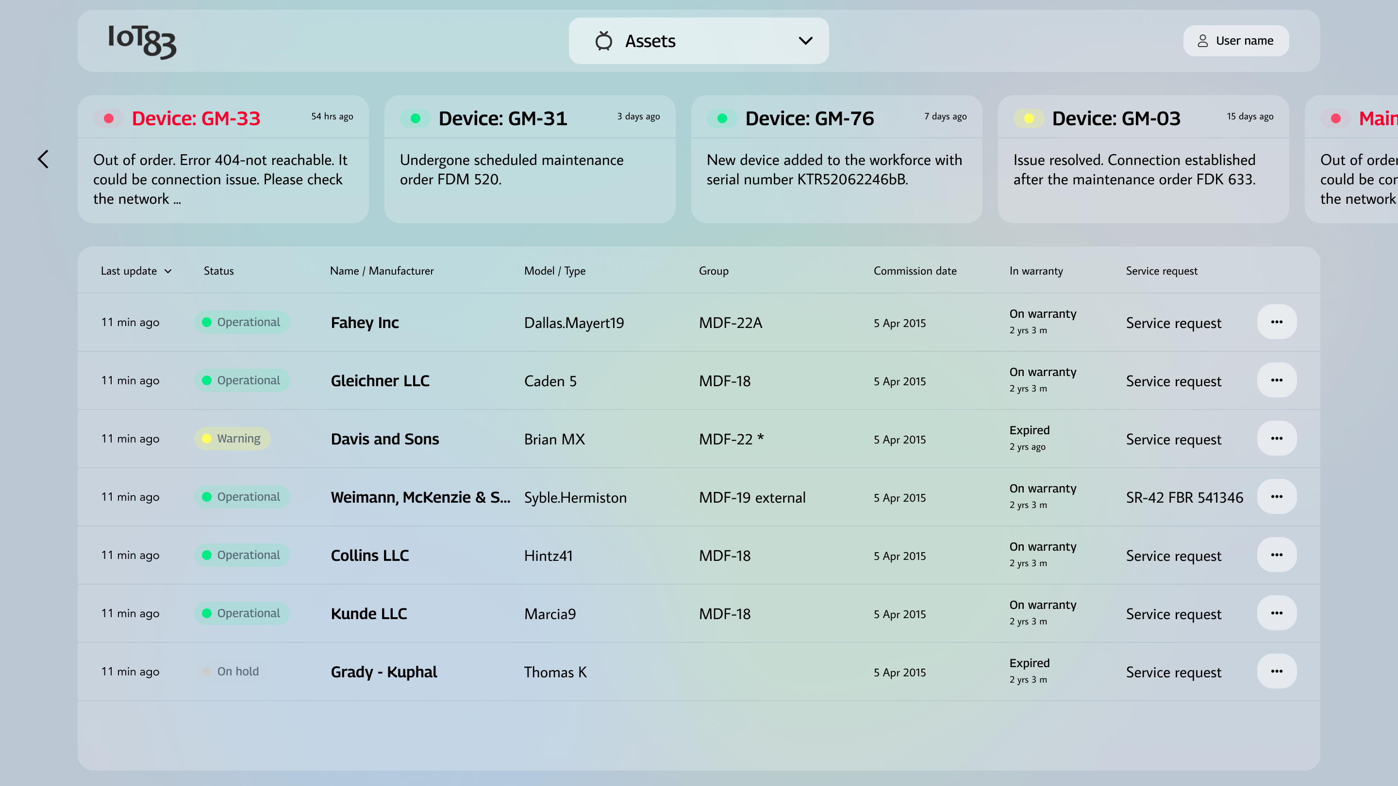 All assets overview screen listing specific issues and all devices available