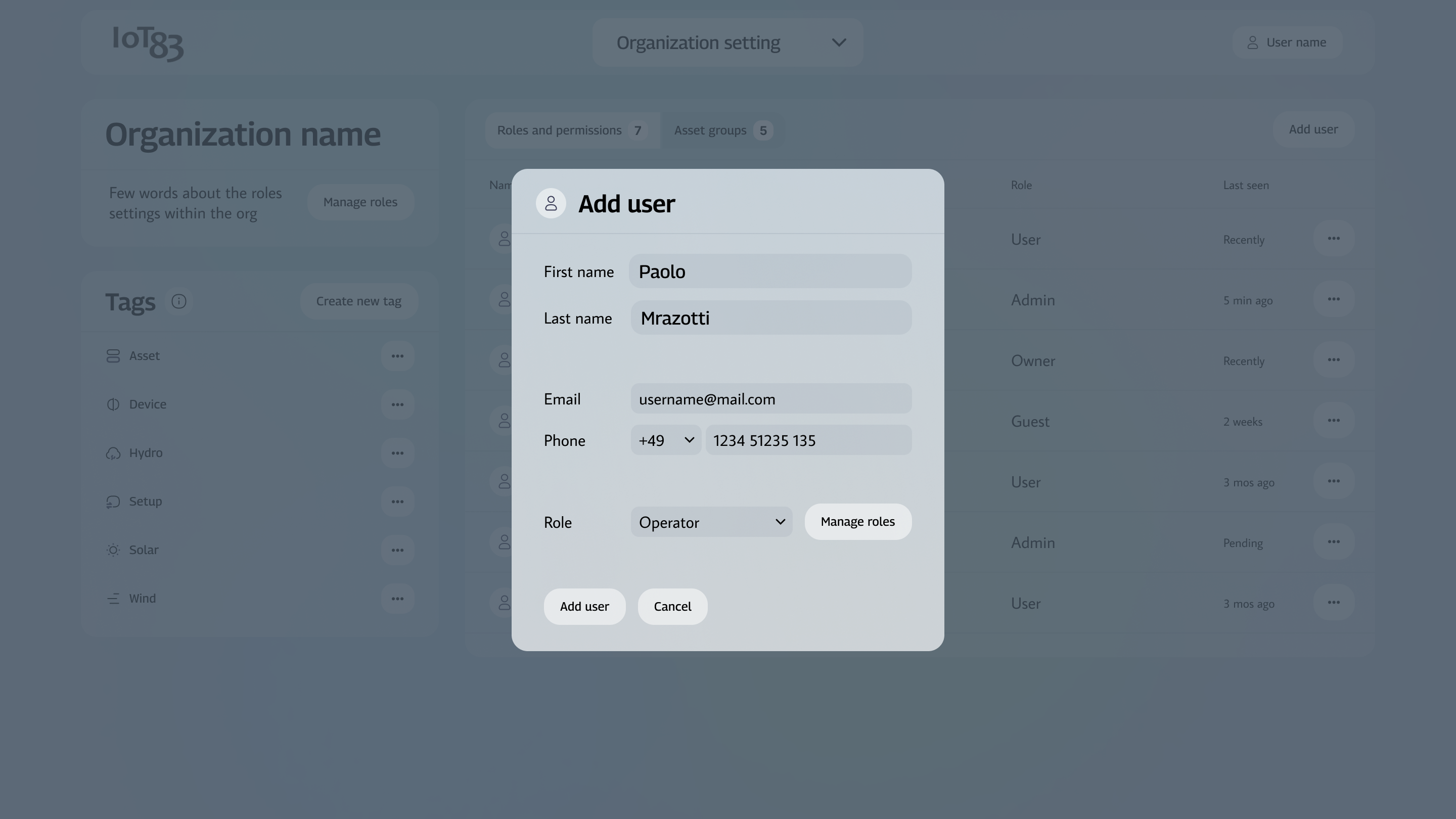 Add user modal over organizations settings screen