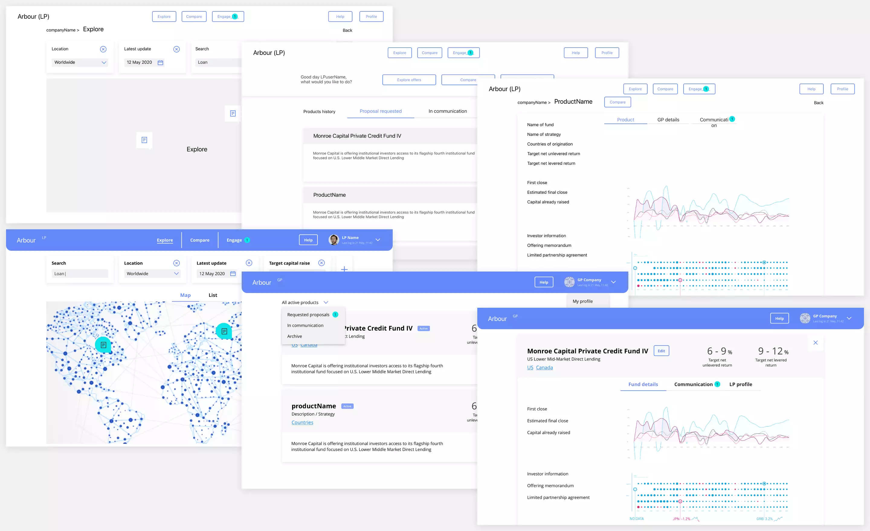 Early application screens reflecting two logic planning and design iterations
