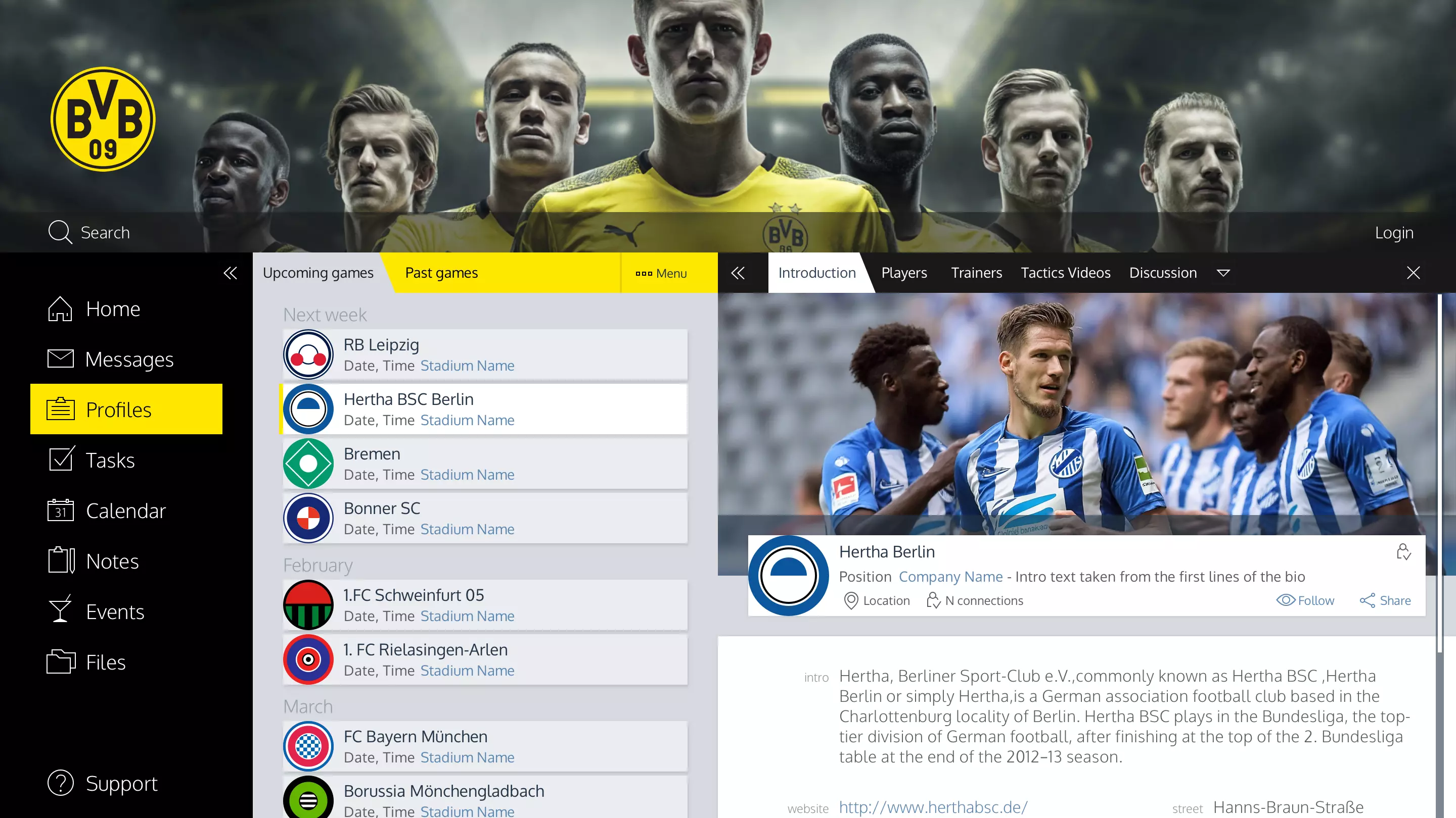 Football organization interface example