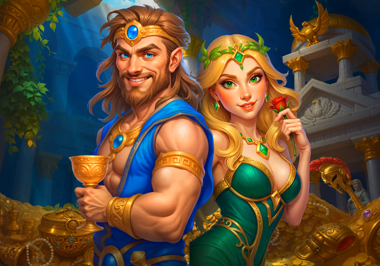 Smiling muscular man with brown hair and blue eyes holding a golden goblet and a blonde woman with green eyes and a rose, both dressed in ancient Greek-style clothing, standing in a treasure-filled temple.